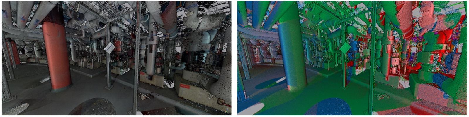 EDF point cloud dataset : Point cloud coloured according to the RGB value (left) and station index (right)